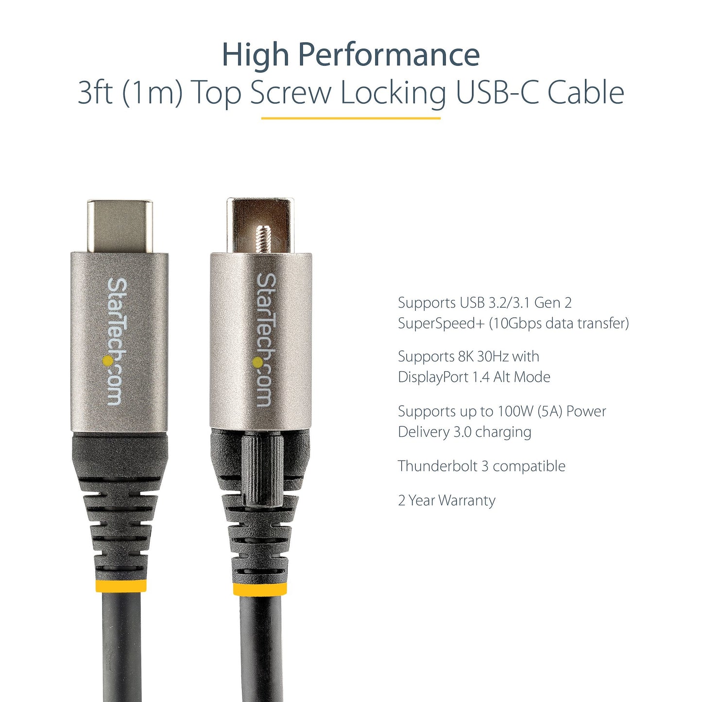 StarTech.com 3ft (1m) USB-C Cable, Top Screw Locking, USB 10Gbps, 100W (5A) Power