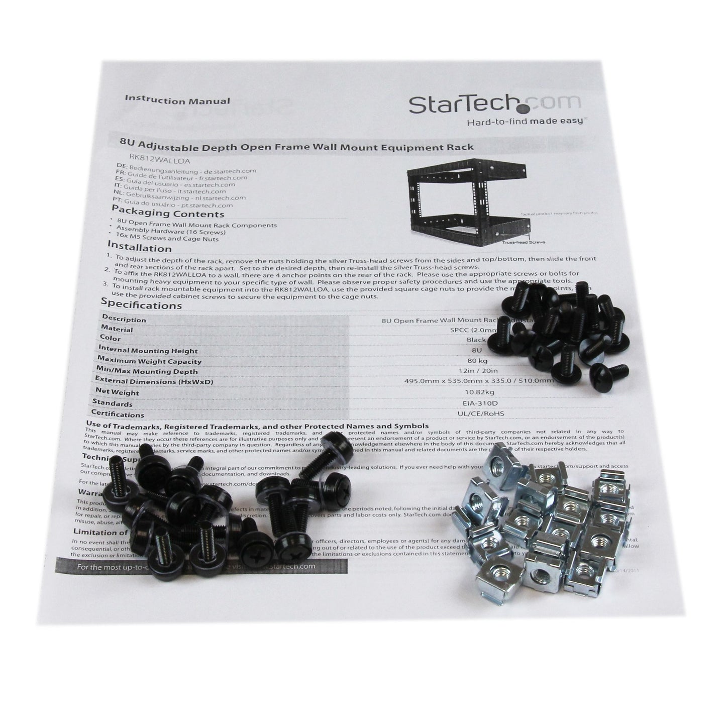 StarTech.com 2-Post 8U Heavy-Duty Wall-Mount Network Rack, 19" Open Frame Server
