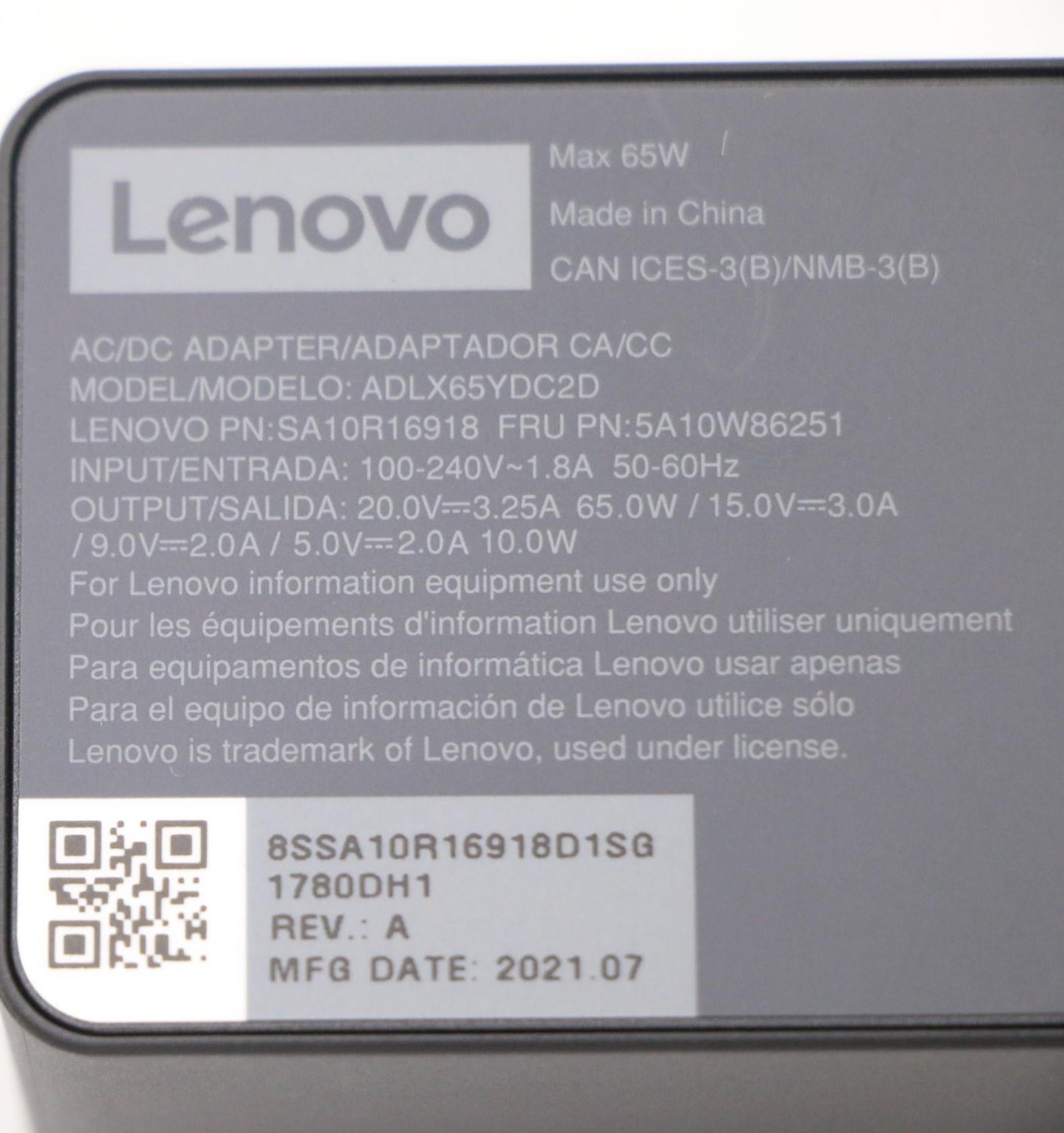 Lenovo 5A10W86251 power adapter/inverter Indoor 65 W Black Charger