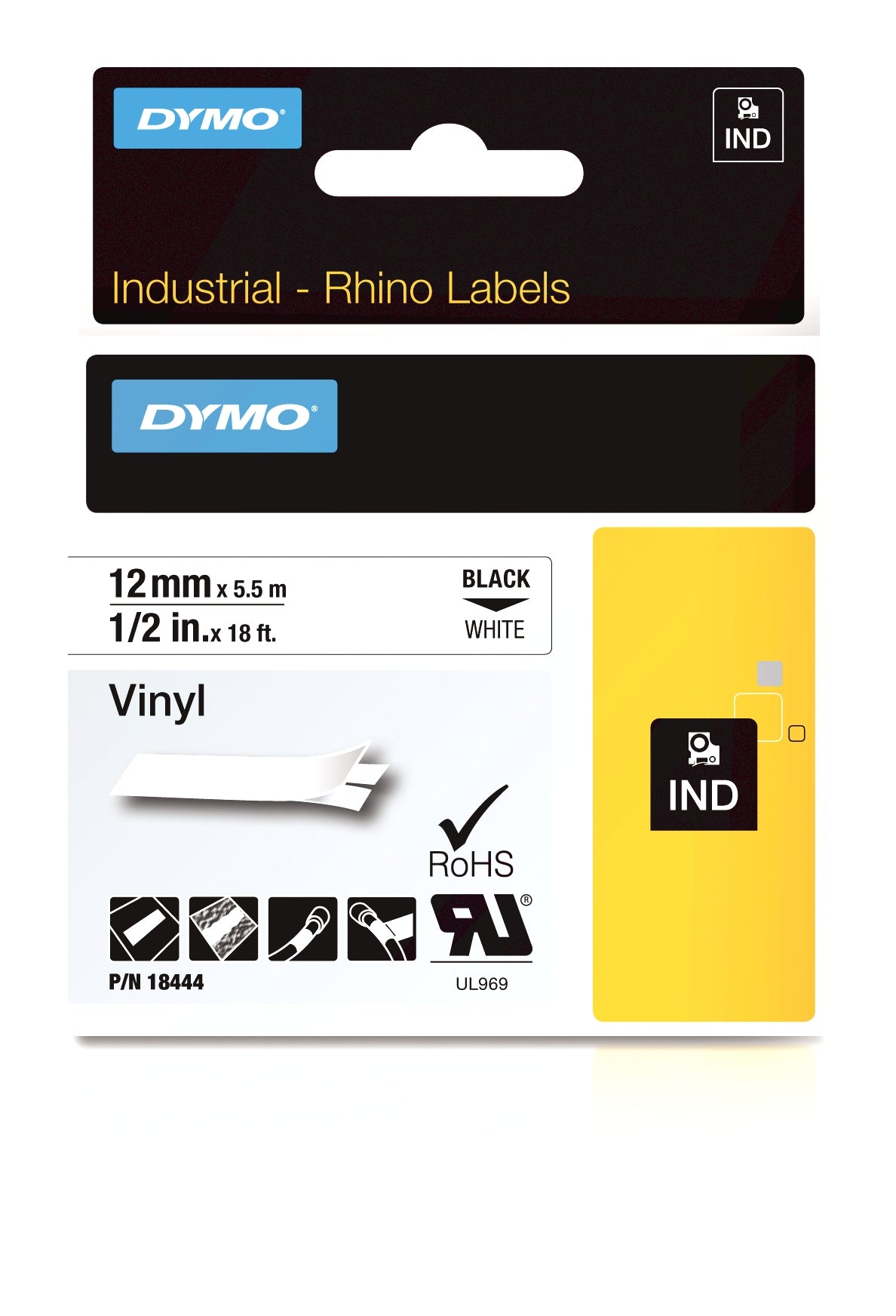 DYMO 18444/S0718600 Ribbon Vinyl black on white 12mm x 5.5m for Dymo Rhino Labels