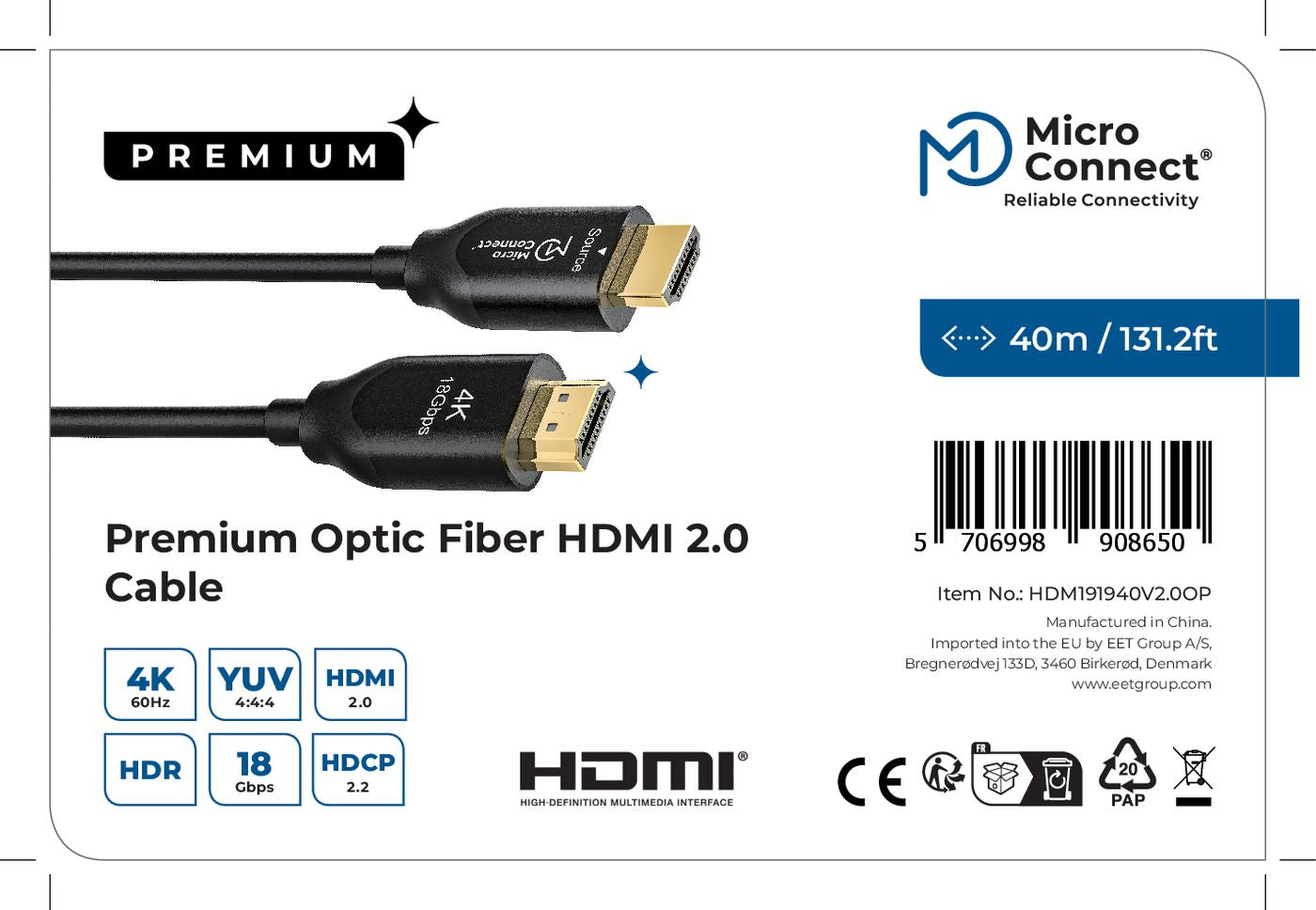 Microconnect Premium Optic HDMI Cable 40m