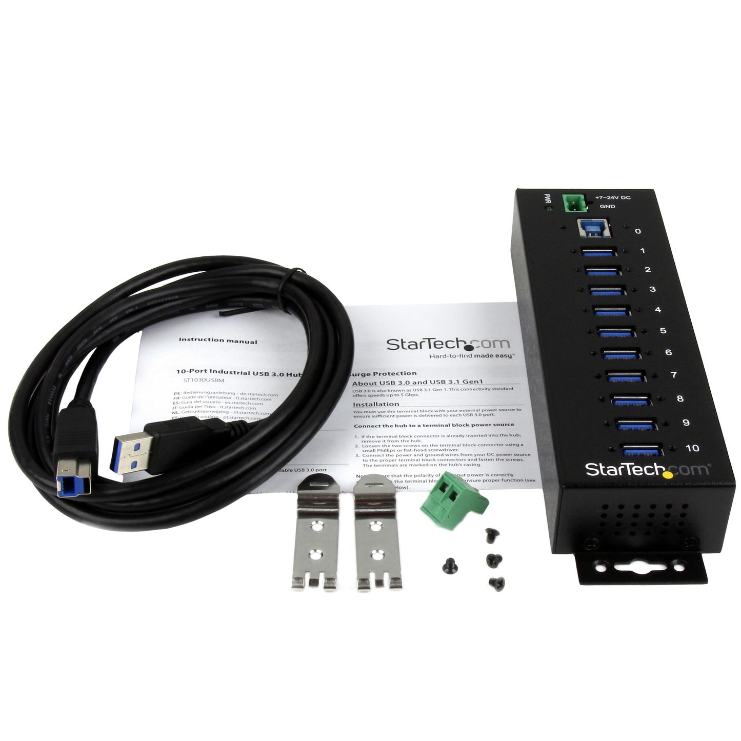 StarTech.com 10-Port USB 3.0 Hub - 5Gbps - Metal Industrial USB-A Hub with ESD &