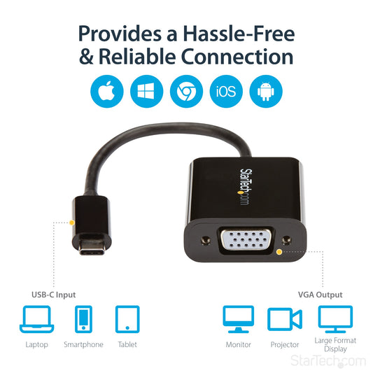 StarTech.com USB-C to VGA Adapter - Black - 1080p - Video Converter For Your MacBook Hub