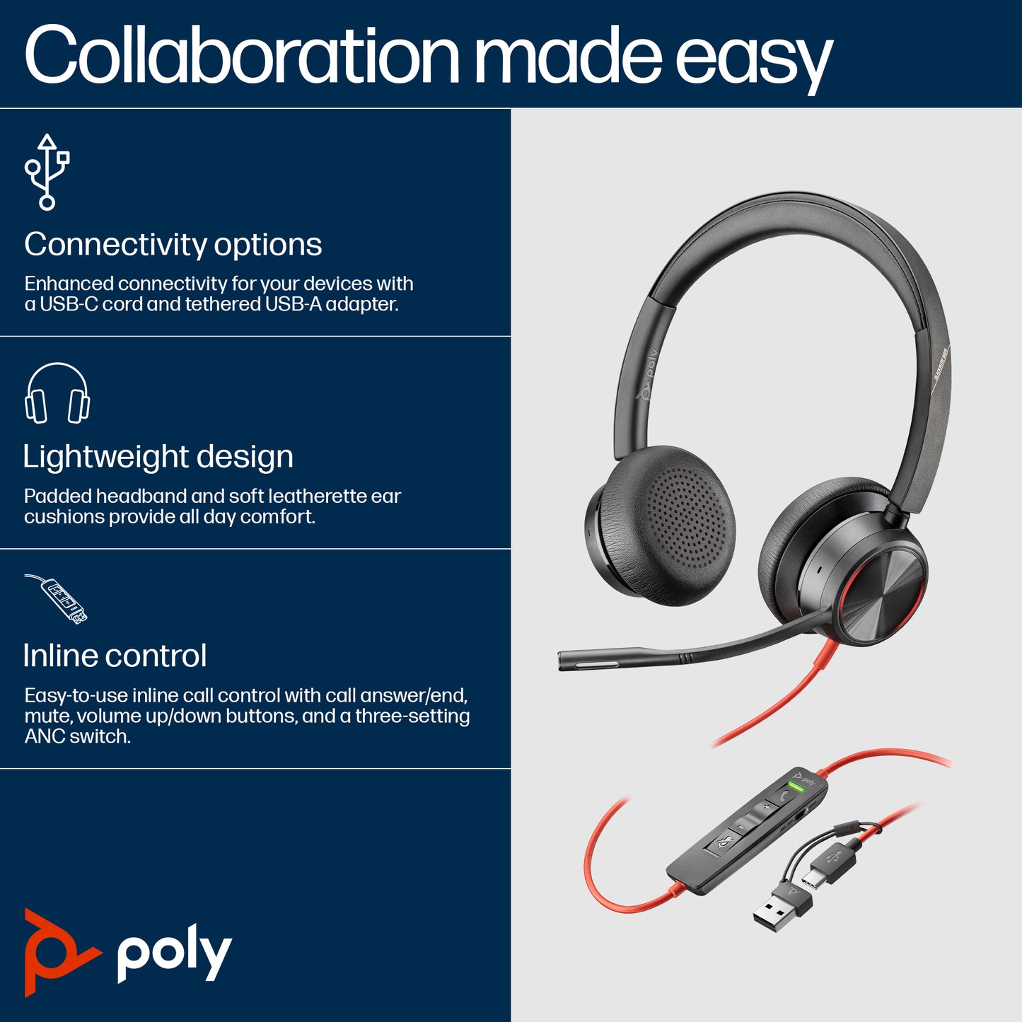 HP Poly Blackwire 8225 Stereo USB-C Headset +USB-C/A Adapter