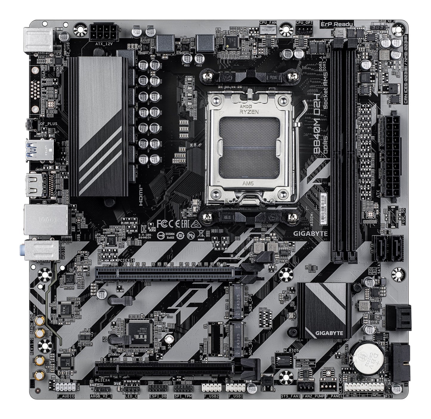 Gigabyte B840M D2H Motherboard - AMD Ryzen 9000 CPUs, 5+2+2 Phases VRM, up to