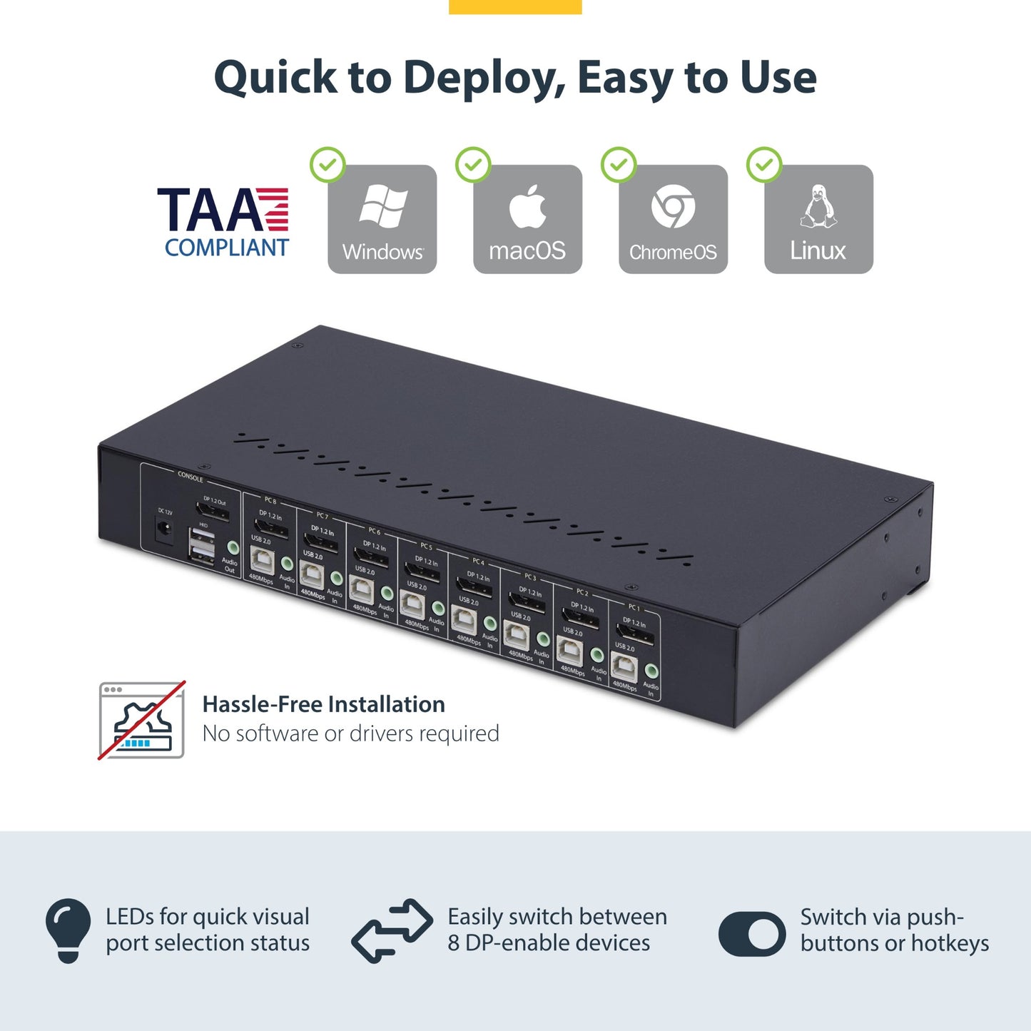 StarTech.com 8-Port DisplayPort KVM Switch with 1U Rack Mount Kit, 4K 60Hz DP 1.2