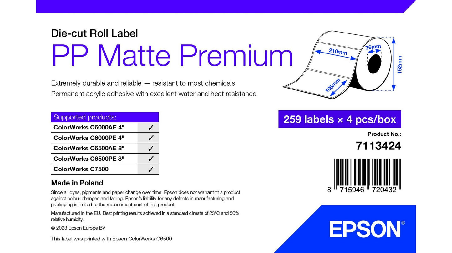 Epson PP Matte Label Premium, Die-cut Roll, 105mm x 210mm, 259 Labels
