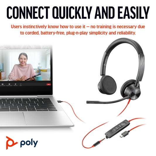HP Poly Blackwire 3325 Stereo Microsoft Teams Certified USB-C Headset +3.5mm Plug