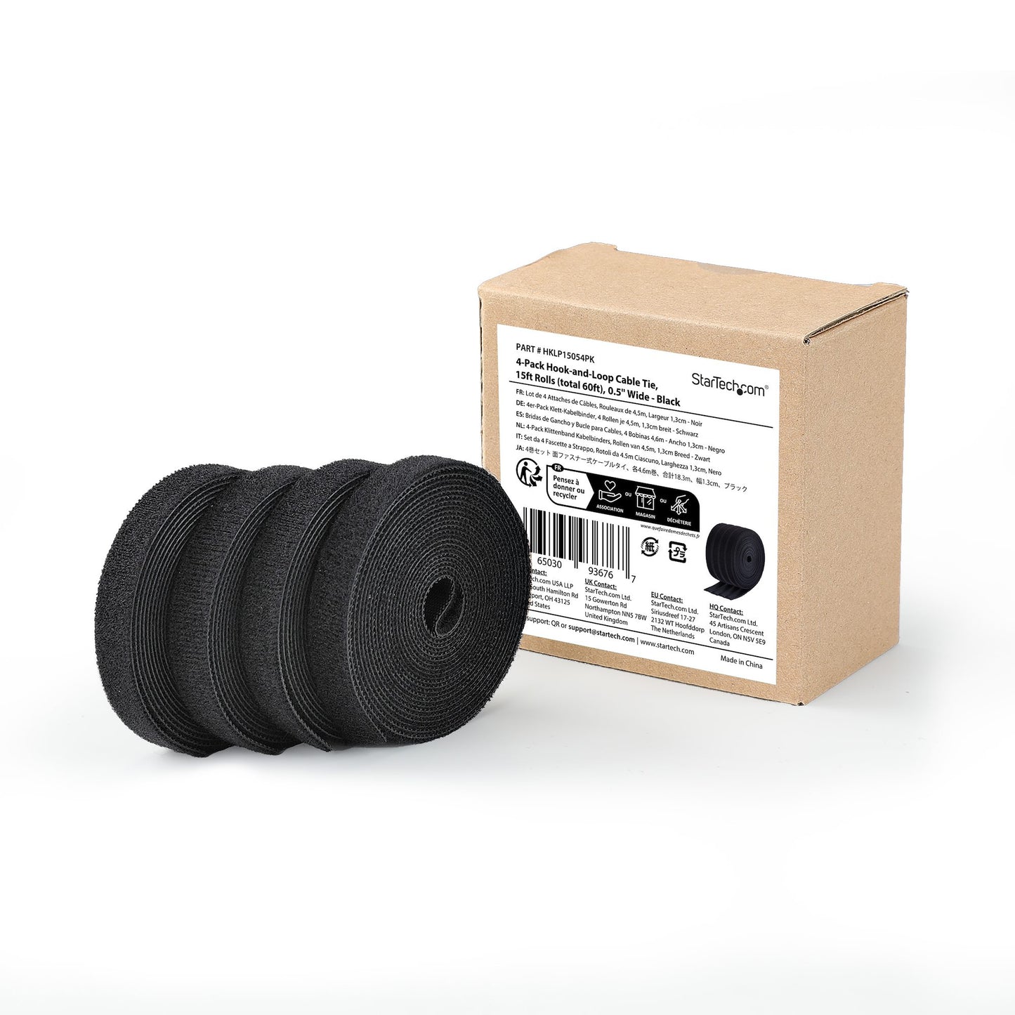 StarTech.com 4-pack 15ft (4.6m) Hook and Loop Roll, 0.5in Wide, Black, Cut-to-Size Cable
