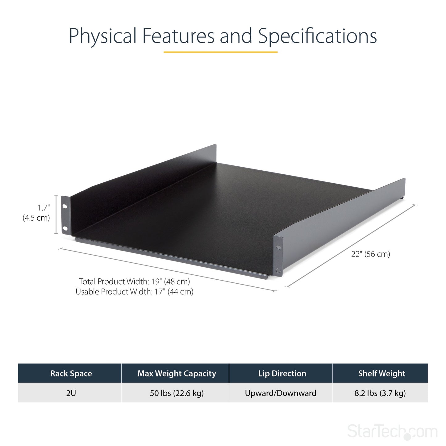 StarTech.com 2U Server Rack Shelf - Universal Rack Mount Cantilever Shelf for 19" (SHELF22)