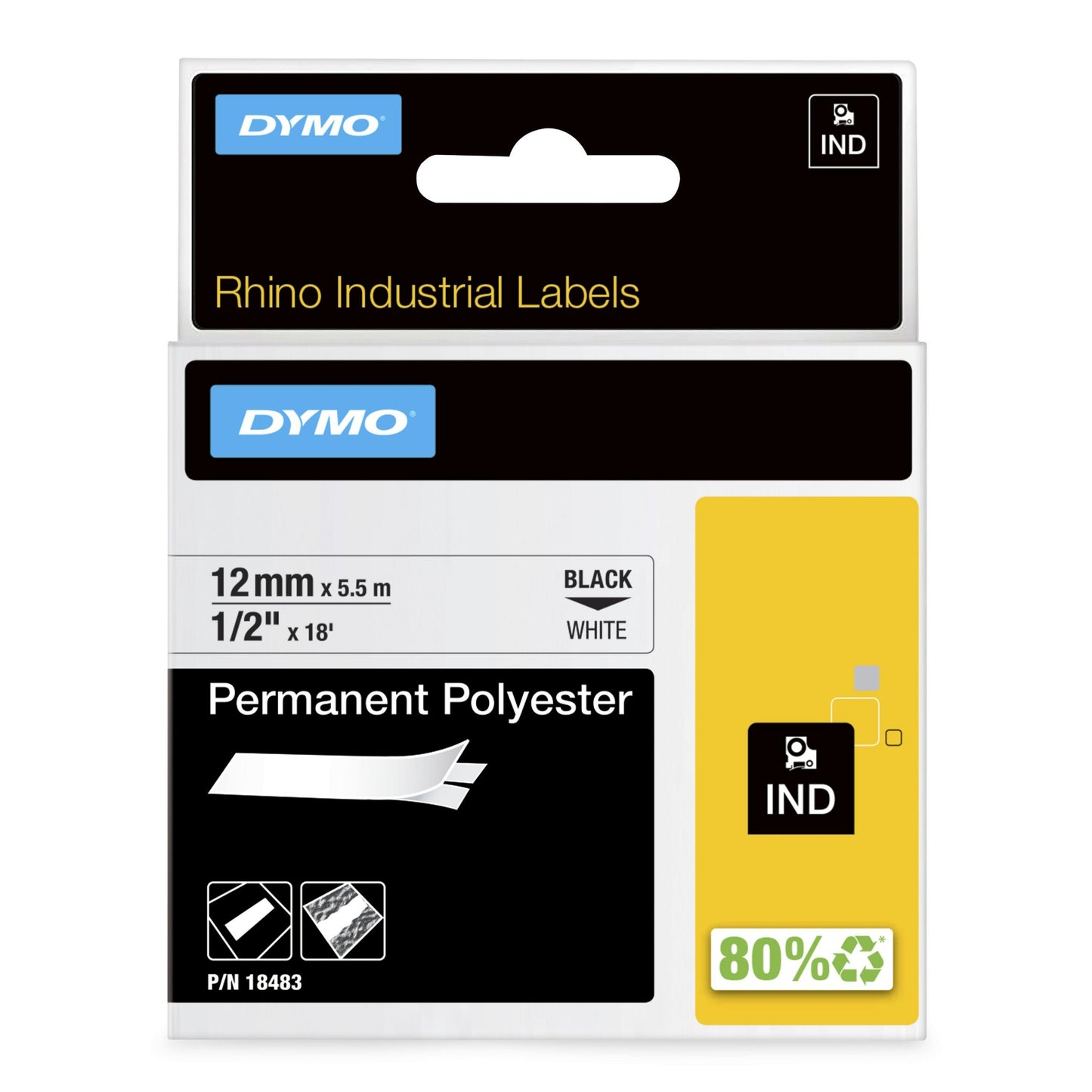 DYMO Rhino Industrial Permanent Polyester Labels | 12 mm x 5.5 m | Black Print on