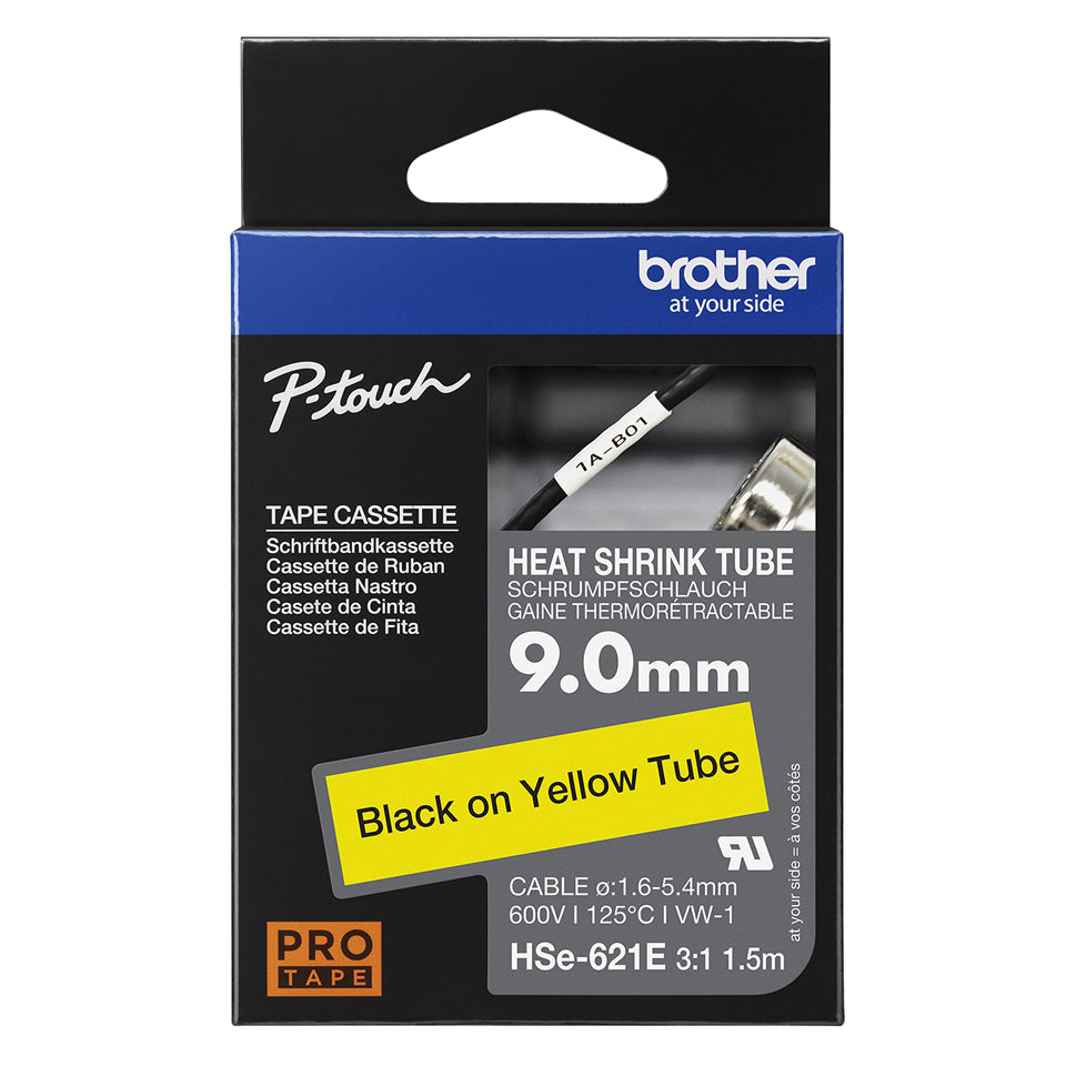 Brother HSE-621E Heat Shrink Tubes black on yellow 9mm x 1,5m for Brother P-Touch TZ Labels