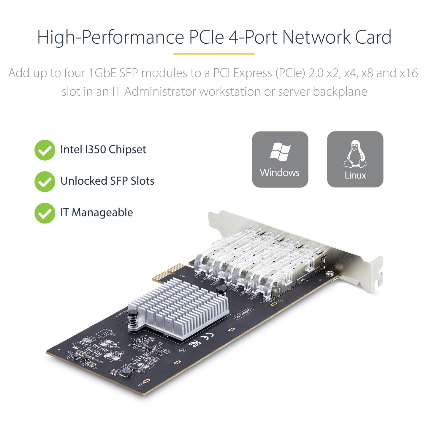 StarTech.com 4-Port GbE SFP Network Card, PCIe 2.0 x2 (x4, x8, x16 Compatible) Network Adapter