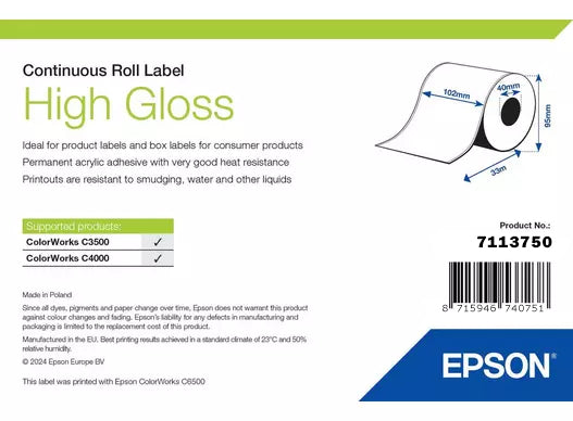 Epson High Gloss Label, Continuous Roll, 102mm x 33m Labels