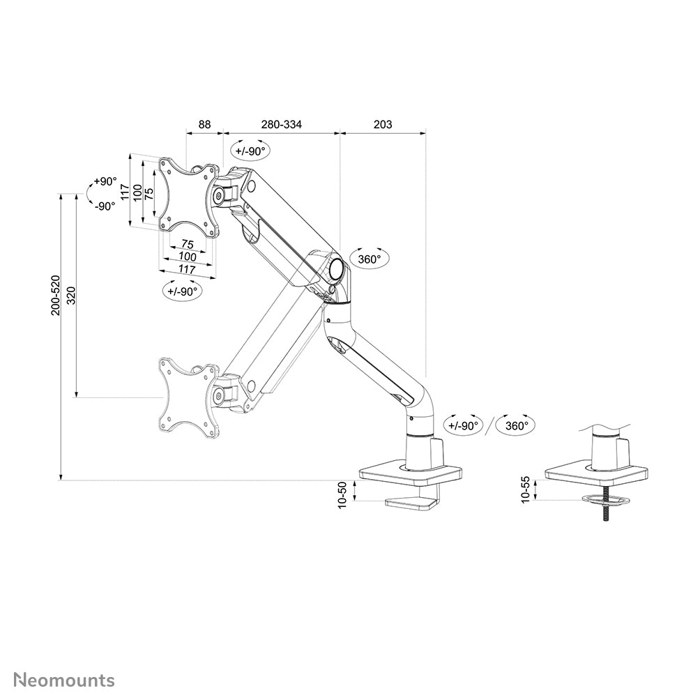 Neomounts DS70S-950WH1 Monitor arm 17-49" - gas spring - Topfix - 180°-stop