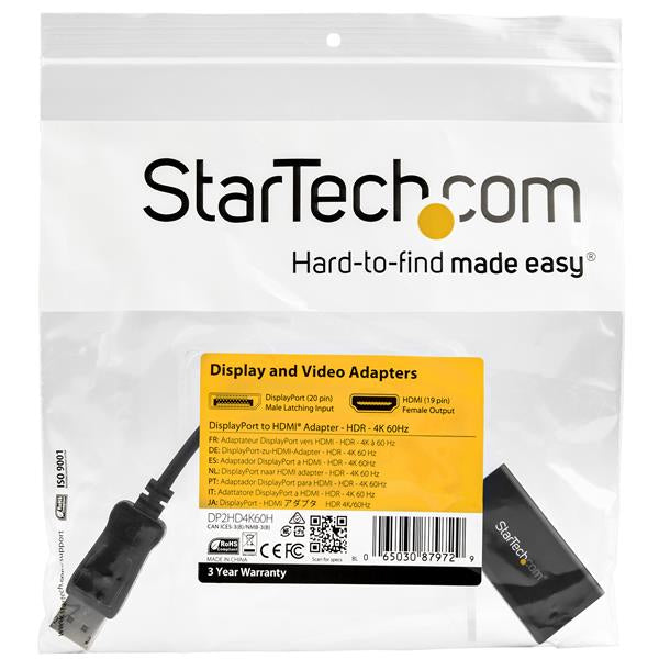 StarTech.com DisplayPort to HDMI Adapter - 4K 60Hz HDR10 Active DisplayPort 1.4 to Cable