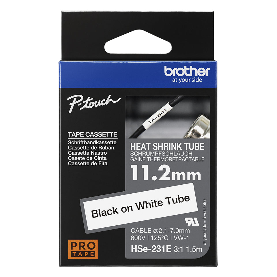 Brother HSE-231E Heat Shrink Tubes black on white 11,2mm x 1,5m for Brother P-Touch Labels