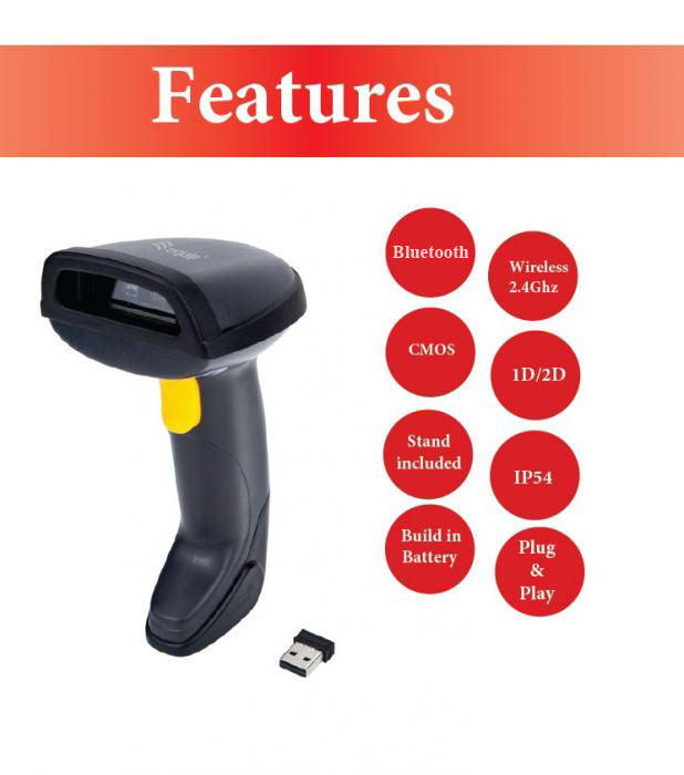 Equip Wireless 2D Dual Mode 2.4GHz + Bluetooth Barcode Scanner, with Stand