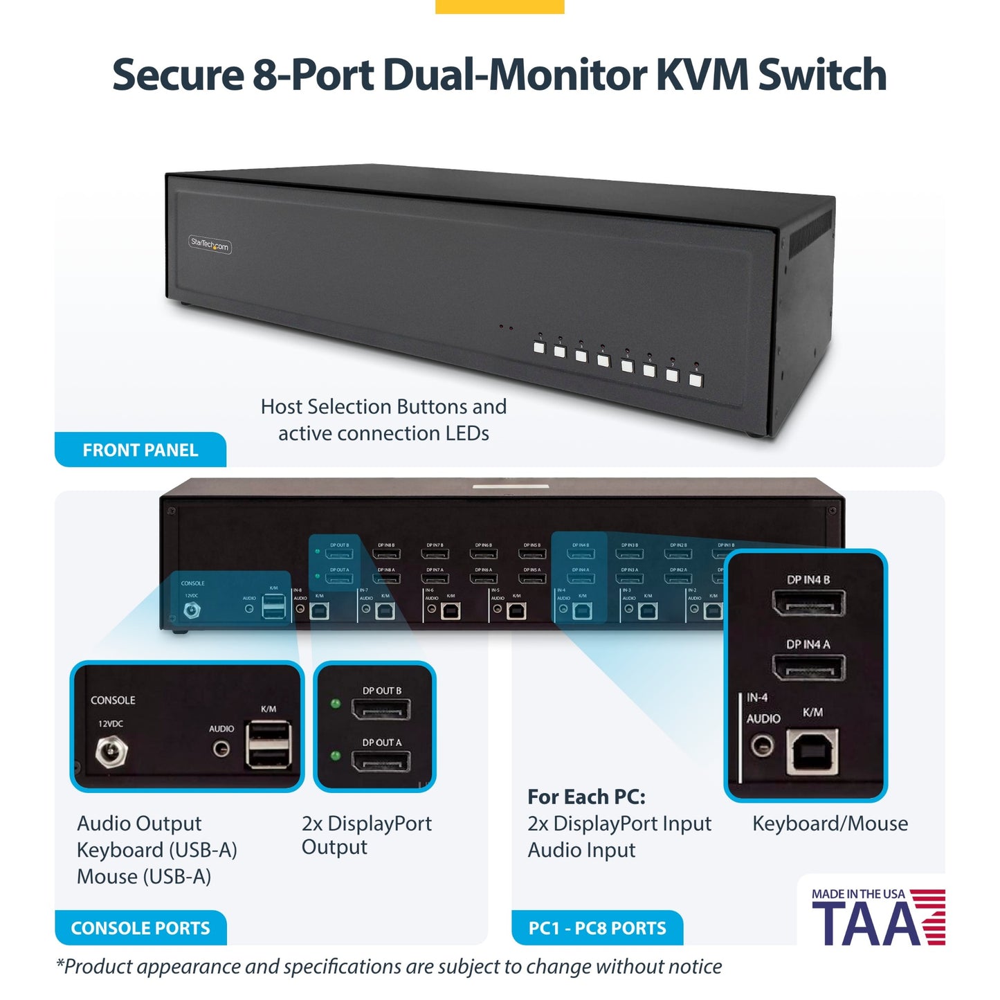 StarTech.com Secure 8-Port Dual-Monitor KVM Switch, DisplayPort, 4K 60Hz, NIAP 4.0
