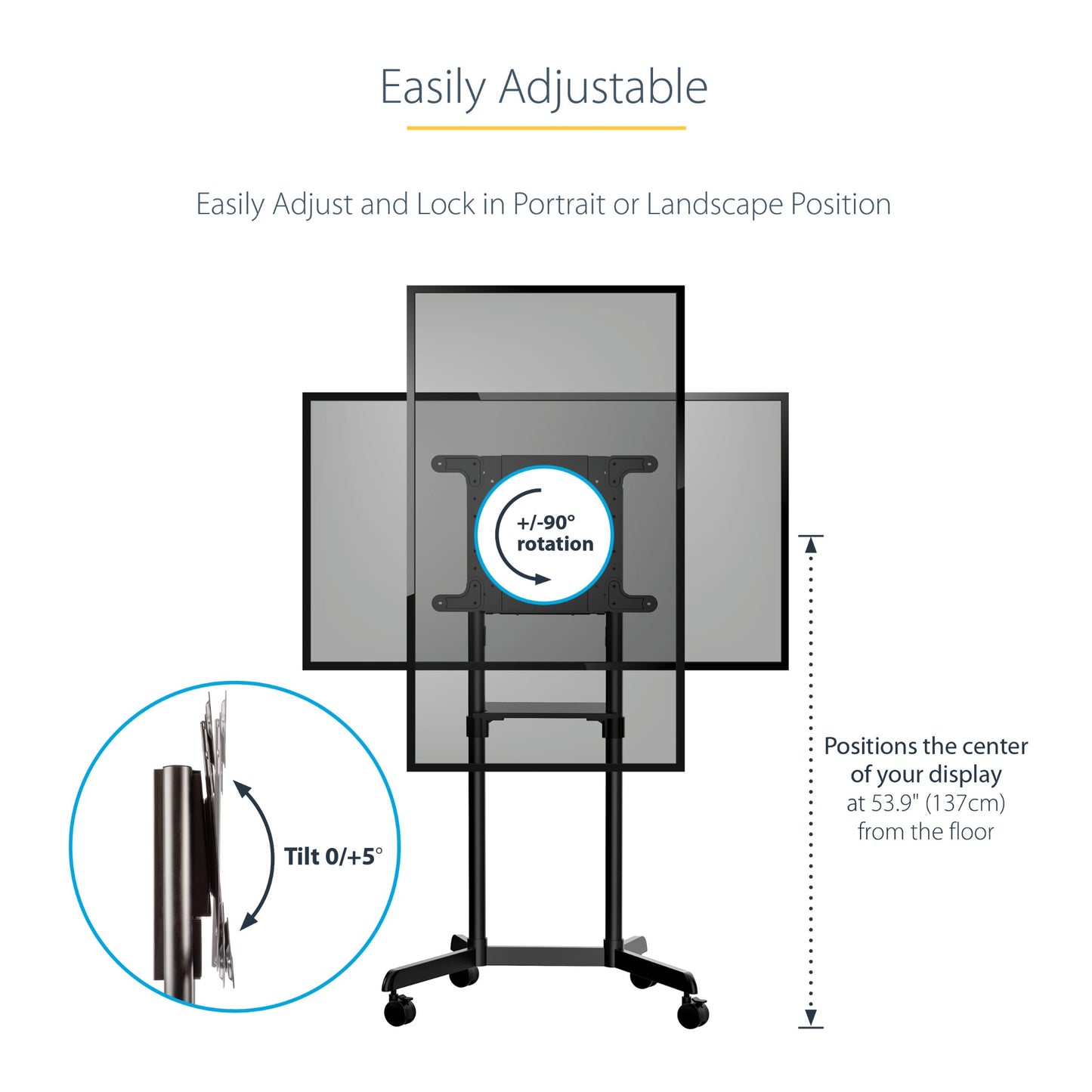 StarTech.com Mobile TV Cart - Portable Rolling TV Stand for 37-70" VESA Display Mount