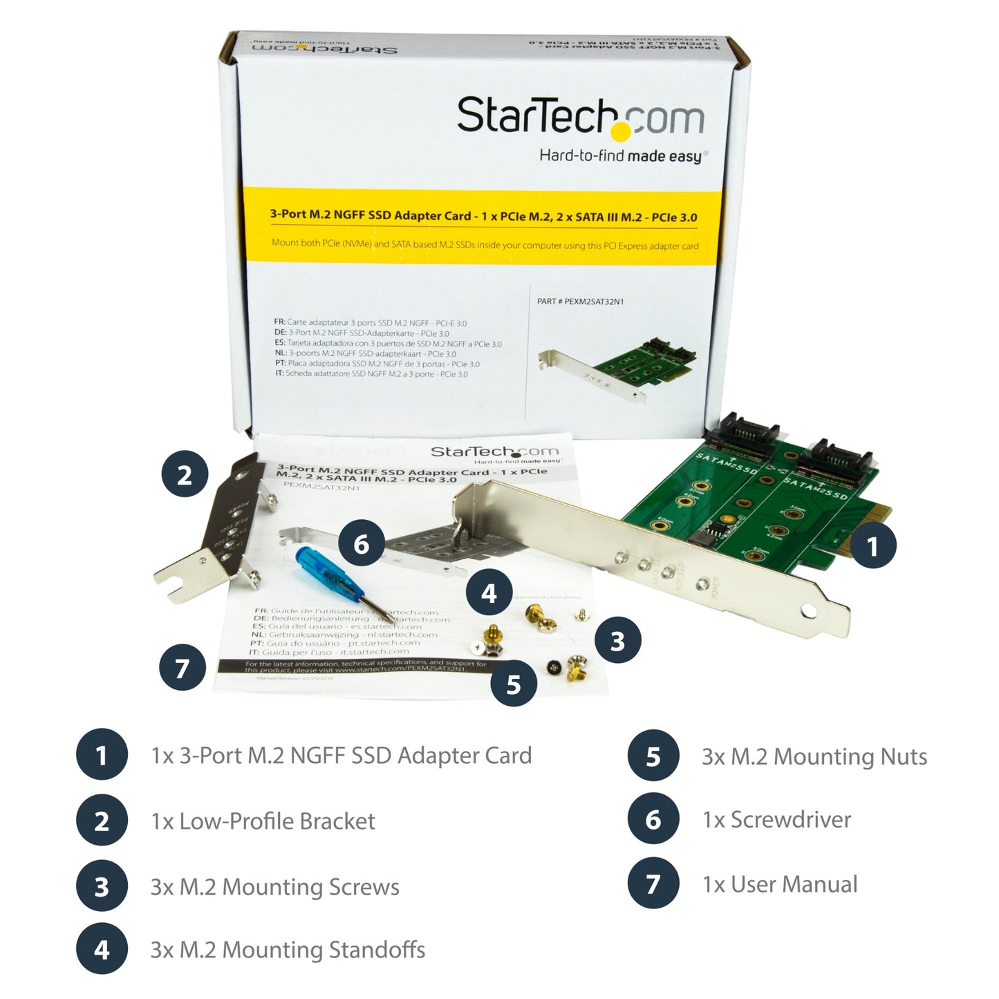 StarTech.com 3-Port M.2 SSD (NGFF) Adapter Card - 1 x PCIe (NVMe) M.2, 2 x SATA III Hub