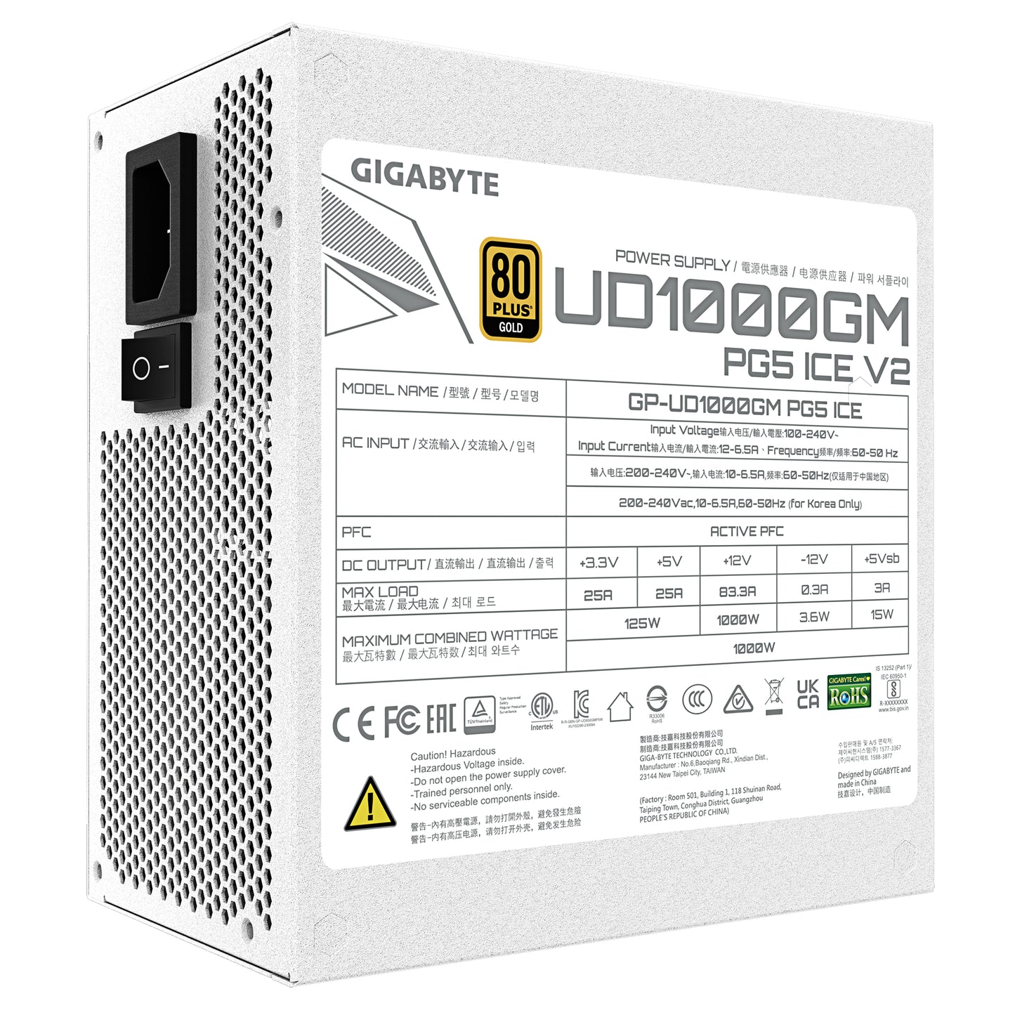 Gigabyte UD1000GM PG5 V2 ICE Power Supply Unit- PCIe Gen 5.1, 80 PLUS Gold, Fully