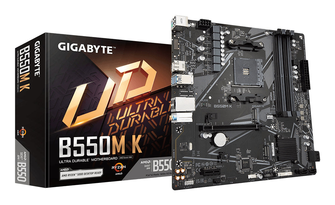 Gigabyte B550M K Motherboard - AMD Ryzen 5000 CPUs, up to 4733MHz DDR4, 1xPCIe 4.0 +
