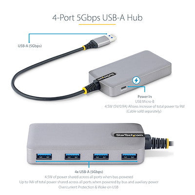 StarTech.com 4-Port USB Hub - USB 3.0 5Gbps, Bus Powered, USB-A to 4x USB-A Hub w/