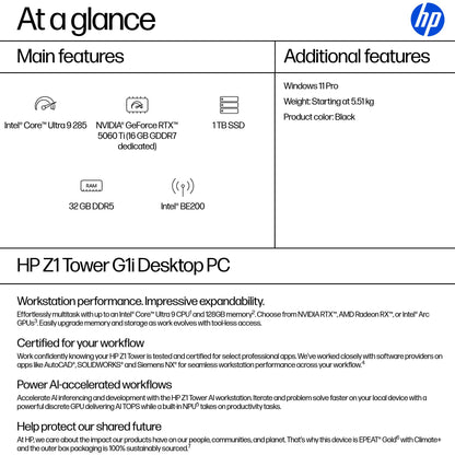 HP Z1 Core Ultra 9 285 32GB 1TB SSD NVIDIA GeForce RTX 5060 Ti Tower PC