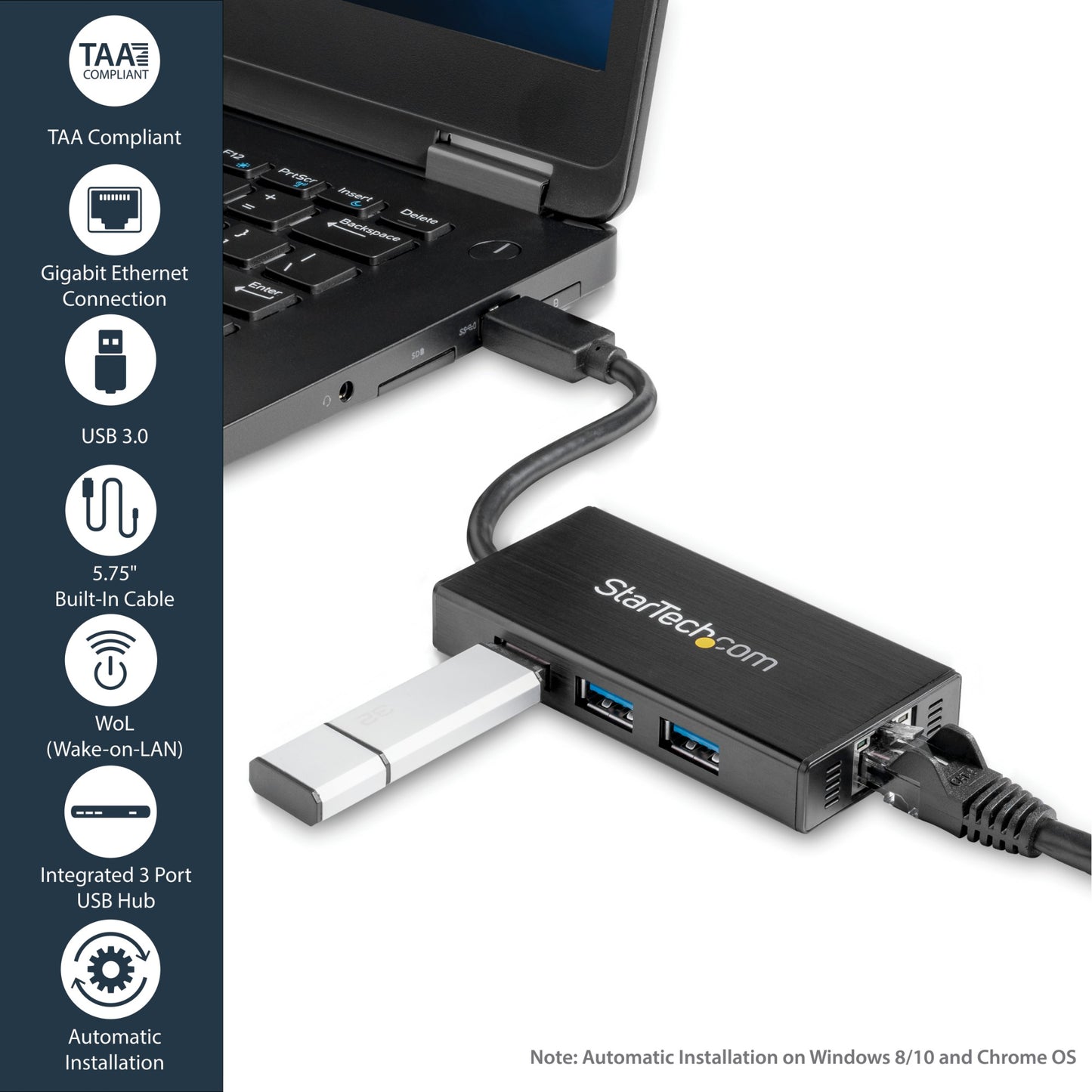 StarTech.com 3-Port Portable USB 3.0 Hub plus Gigabit Ethernet - 5Gbps - Aluminum Network Adapter