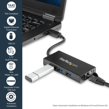 StarTech.com 3-Port Portable USB 3.0 Hub plus Gigabit Ethernet - 5Gbps - Aluminum Network Adapter