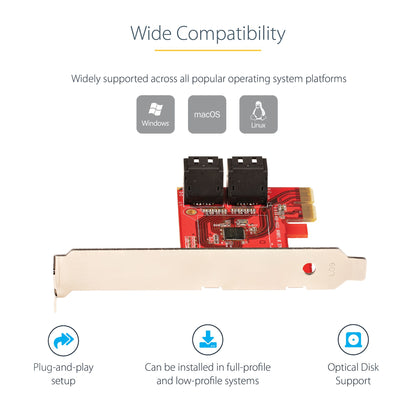 StarTech.com SATA PCIe Card - 4 Port PCIe SATA Expansion Card - 6Gbps - Low/Full Hub