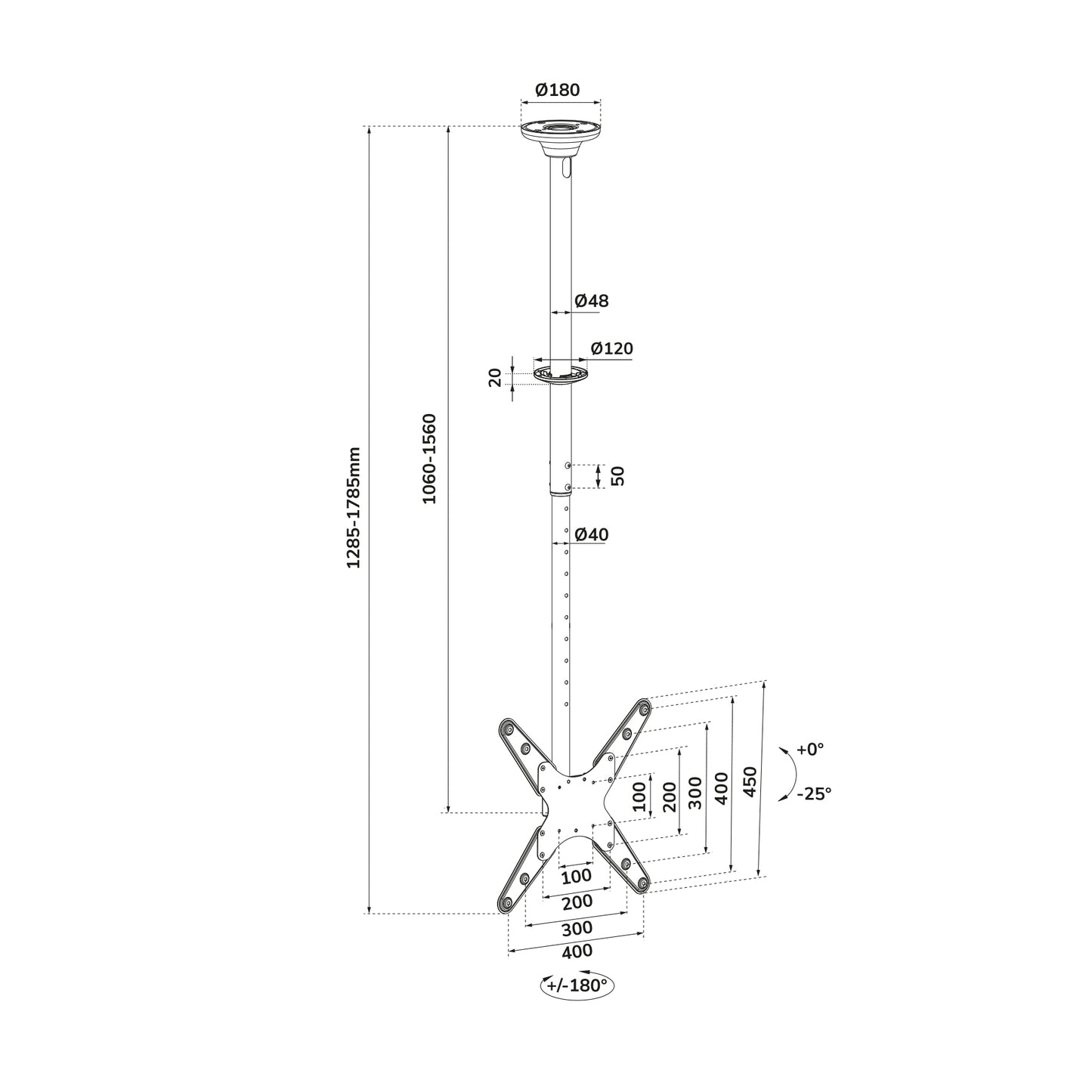 Neomounts FPMA-C340BLACK Monitor/TV mount ceiling 32-75" - h 106-156 cm