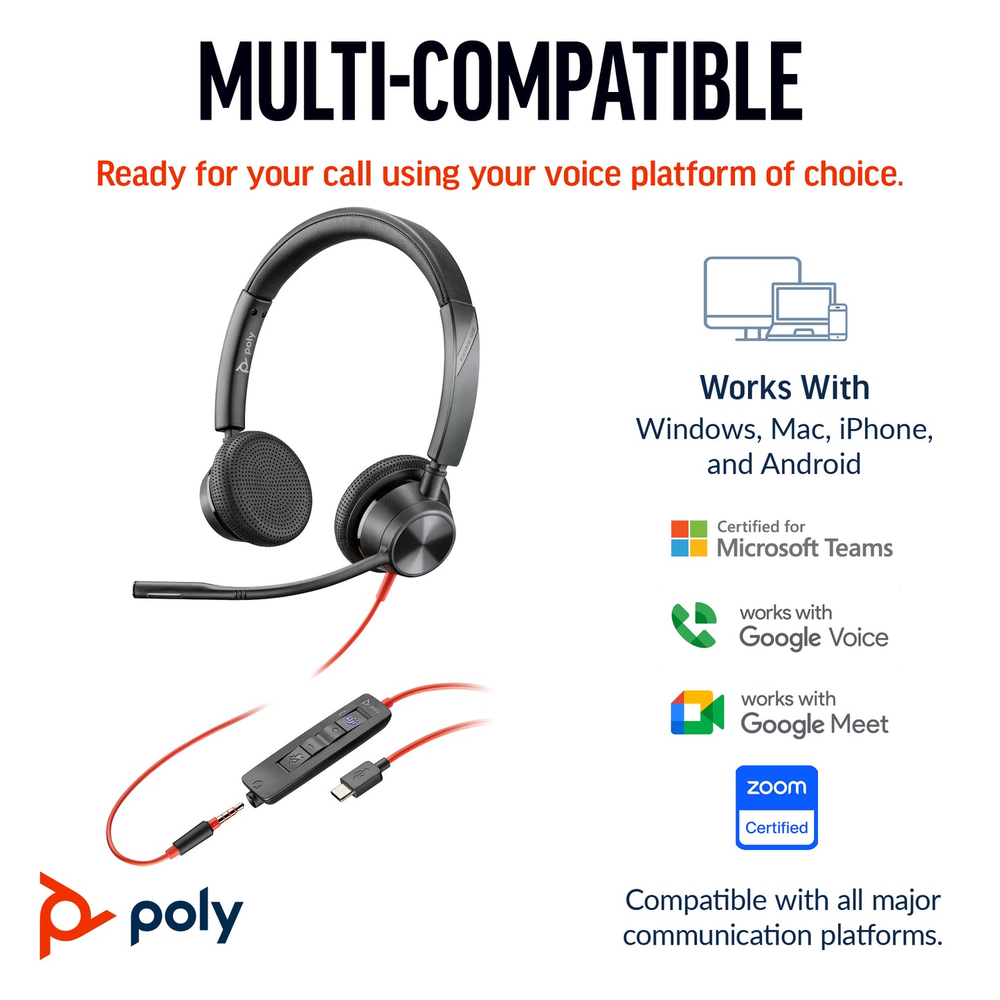 HP Poly Blackwire 3325 Stereo USB-C Headset +3.5mm Plug +USB-C/A Adapter