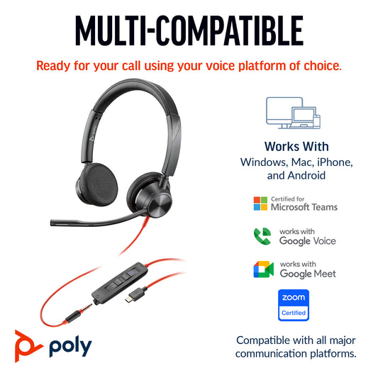HP Poly Blackwire 3325 Stereo Microsoft Teams Certified USB-C Headset +3.5mm Plug
