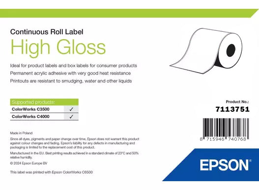 Epson High Gloss Label, Continuous Roll, 76mm x 33m Labels