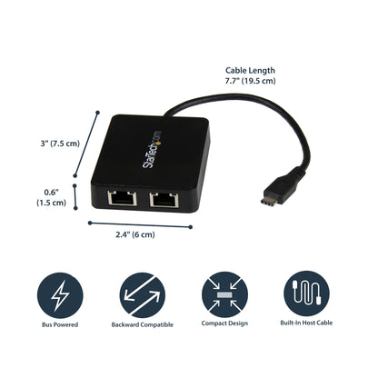 StarTech.com USB-C to Dual Gigabit Ethernet Adapter with USB 3.0 (Type-A) Port, USB