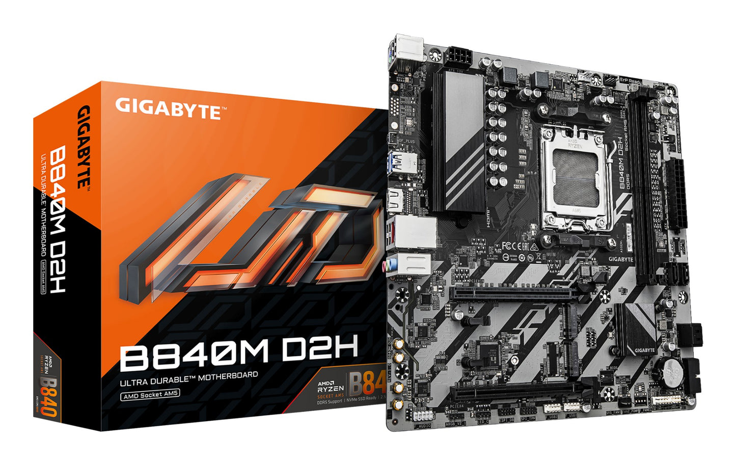 Gigabyte B840M D2H Motherboard - AMD Ryzen 9000 CPUs, 5+2+2 Phases VRM, up to