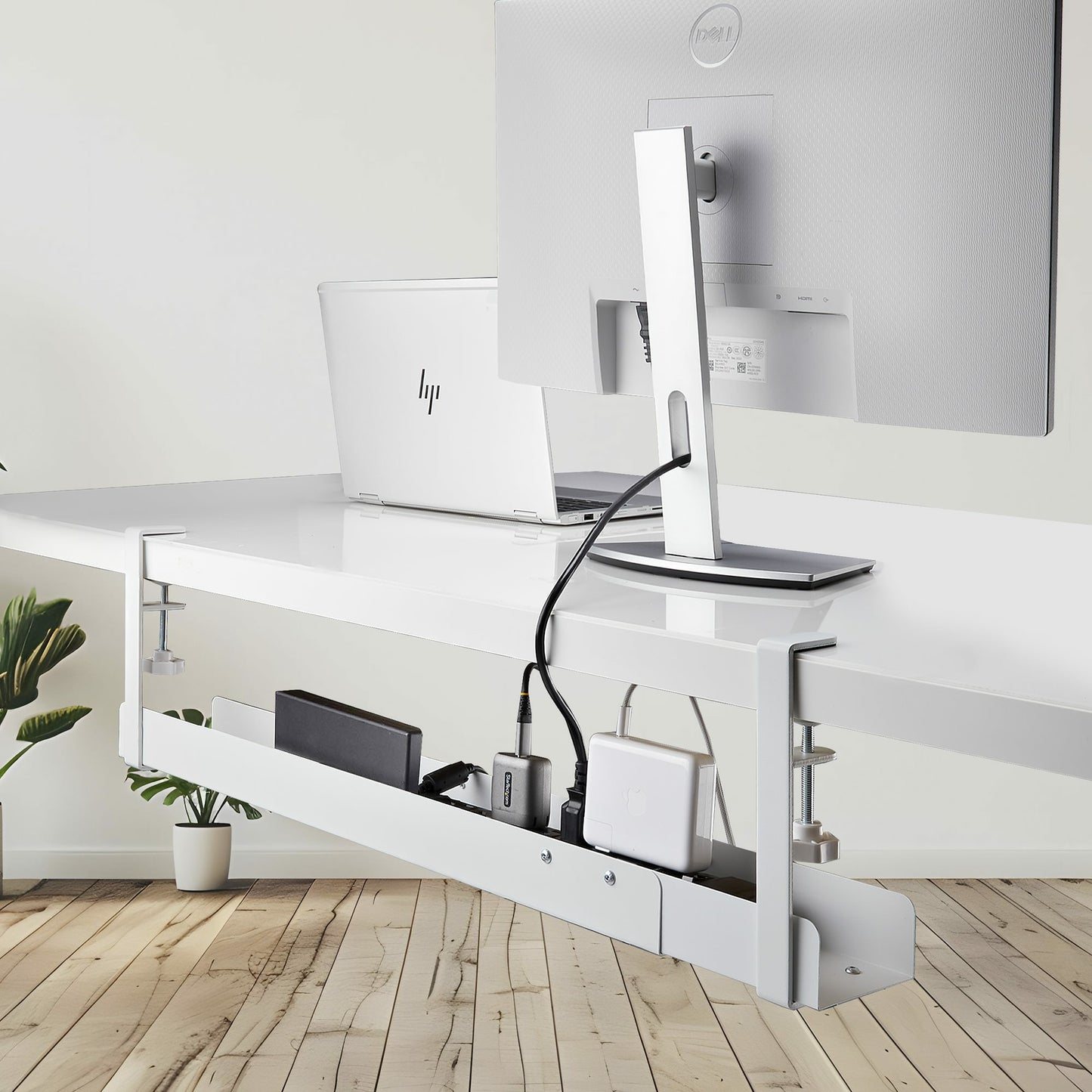 StarTech.com Under Desk Cable Management Tray, Length Adjustable Cable Organizer (White)