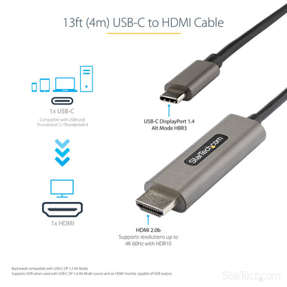 StarTech.com 13ft (4m) USB C to HDMI Cable 4K 60Hz w/ HDR10 - Ultra HD USB Type-C to