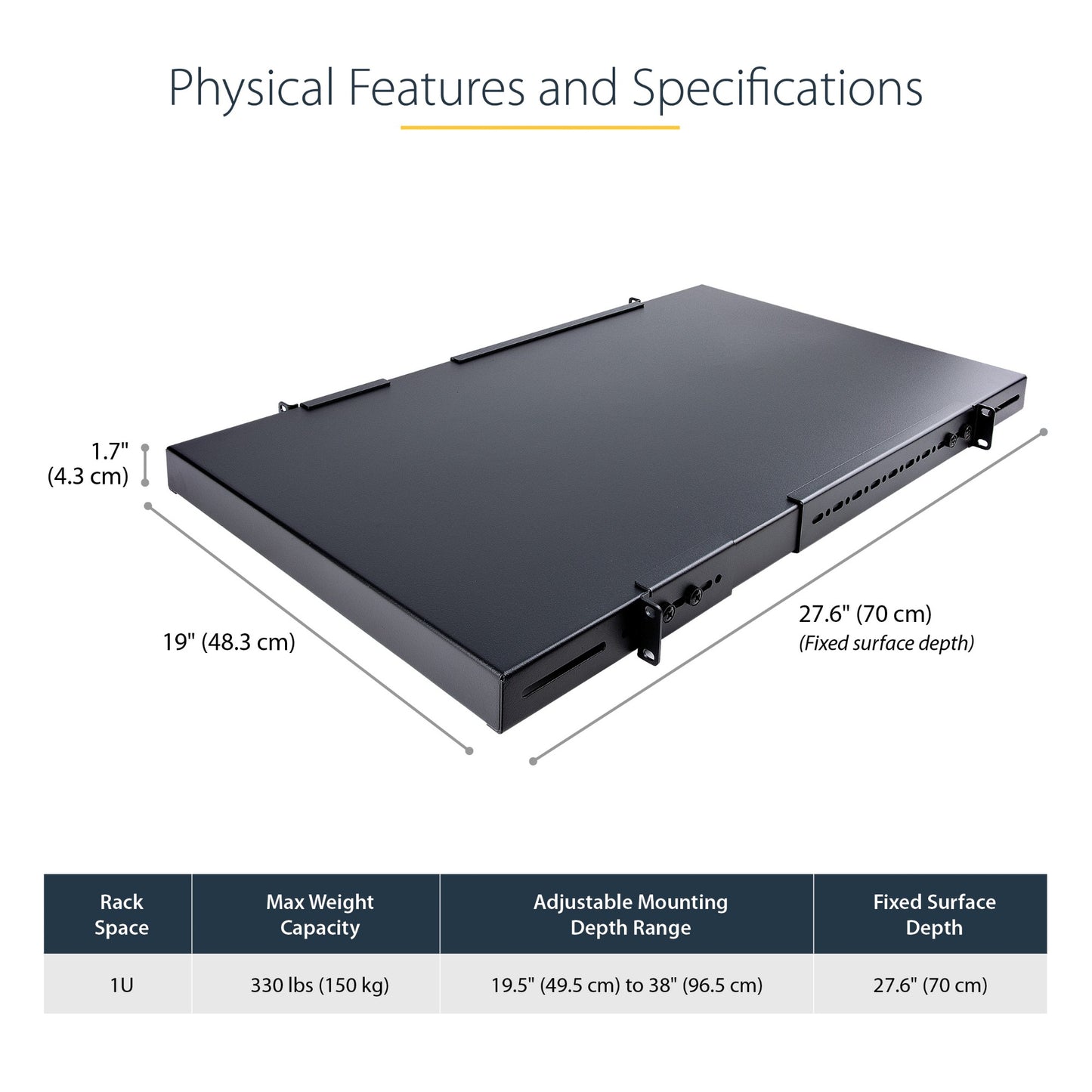 StarTech.com 1U 4-Post Adjustable Server Rack Mount Shelf - 330lbs(150 kg) - 19.5 to