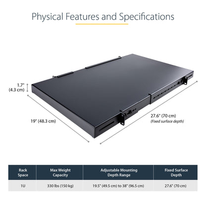 StarTech.com 1U 4-Post Adjustable Server Rack Mount Shelf - 330lbs(150 kg) - 19.5 to