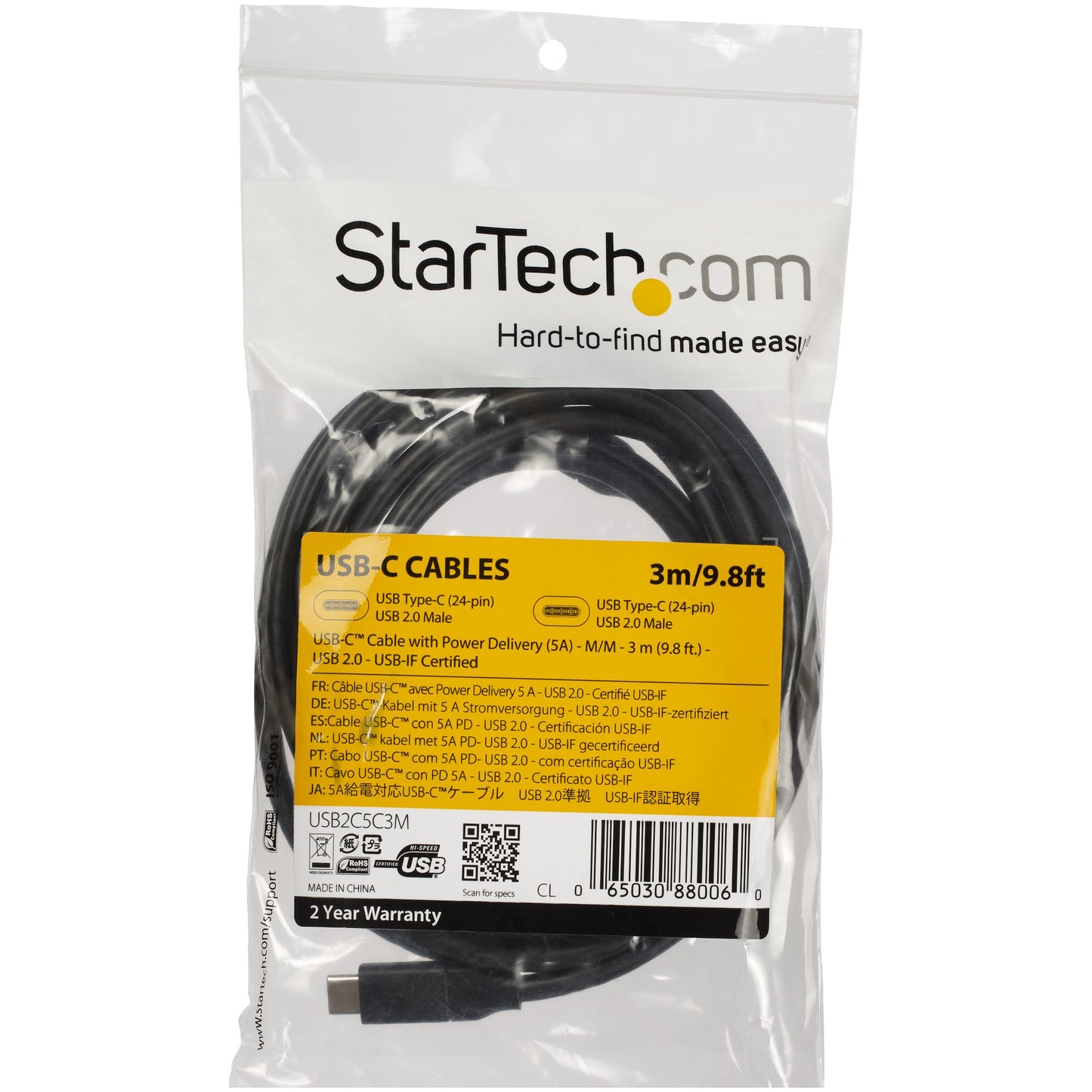 StarTech.com 10ft (3m) USB-C Fast Charging Cable, Charge & Sync, 100W (5A) PD, USB
