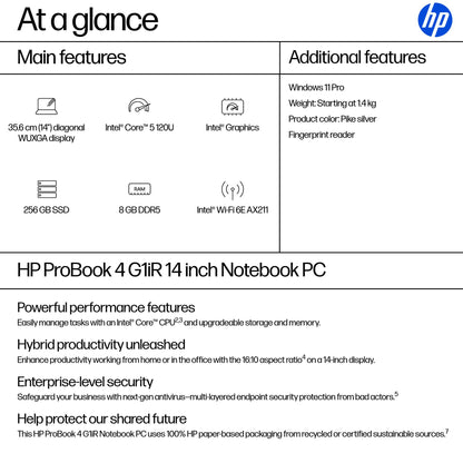 HP ProBook 4 G1iR 14" Core 5 120U 8GB 256GB SSD Laptop