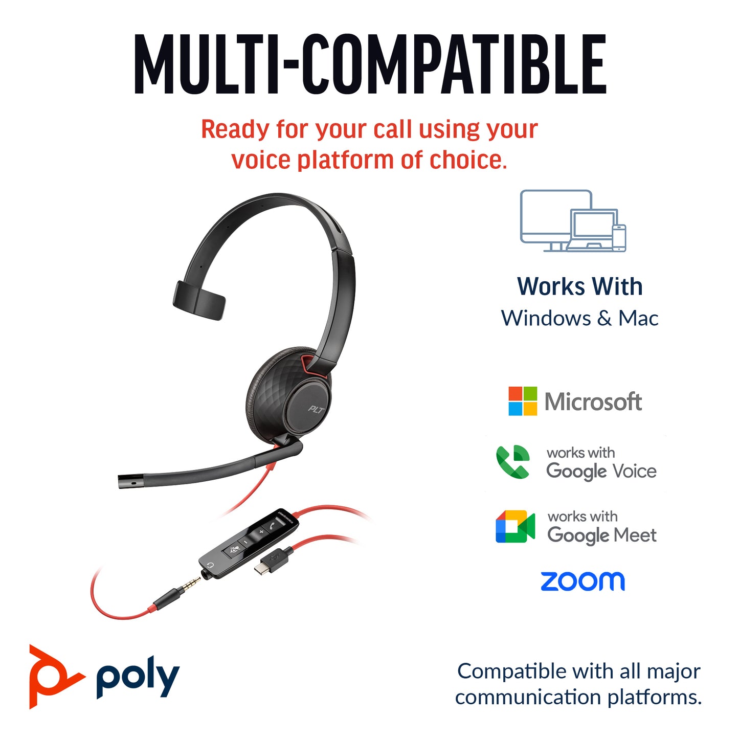 HP Poly Blackwire 5210 Monaural USB-C Headset +3.5mm Plug +USB-C/A Adapter