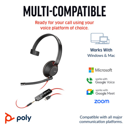 HP Poly Blackwire 5210 Monaural USB-C Headset +3.5mm Plug +USB-C/A Adapter