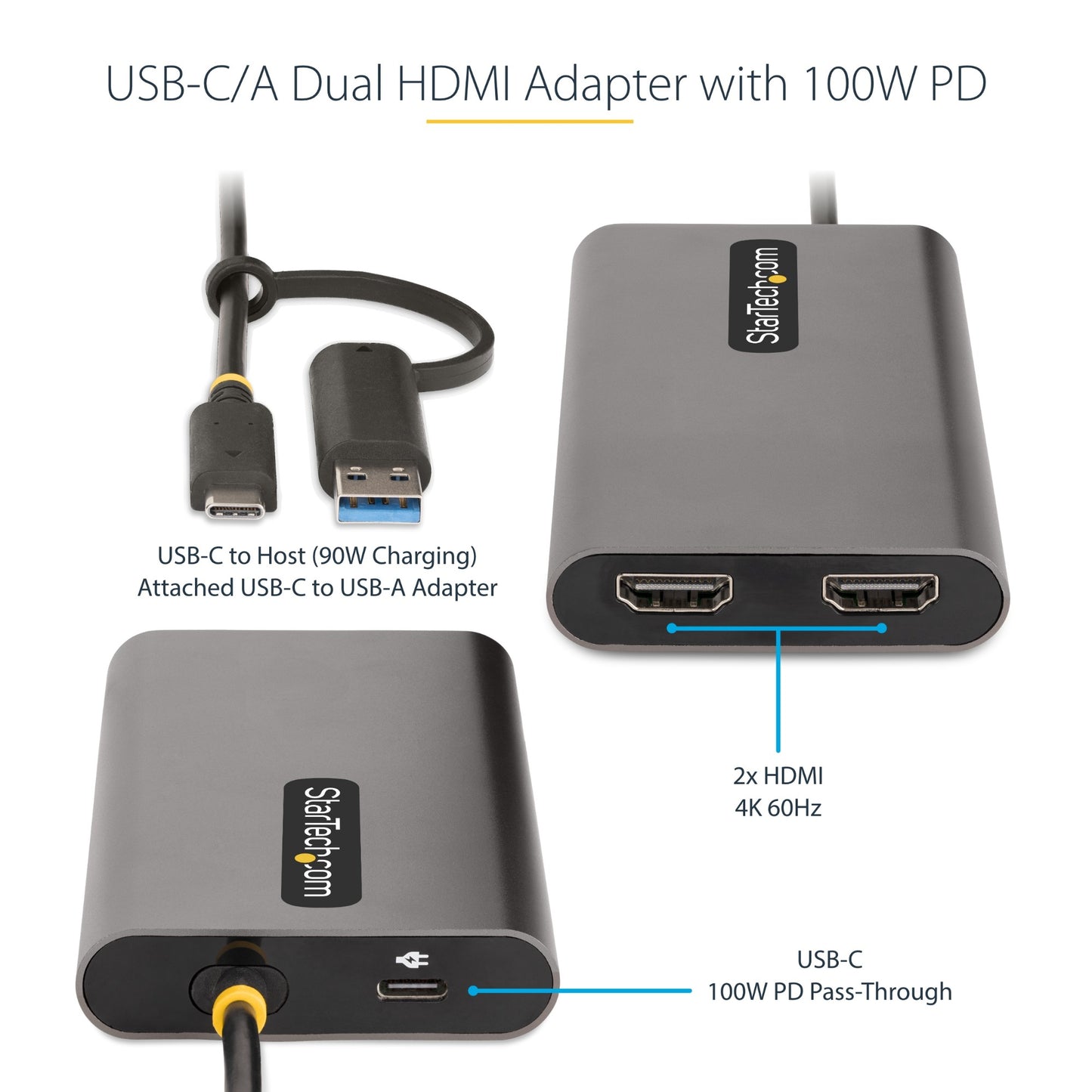 StarTech.com USB-C to Dual-HDMI Adapter - USB-C or A to 2x HDMI - 4K 60Hz - 100W Hub