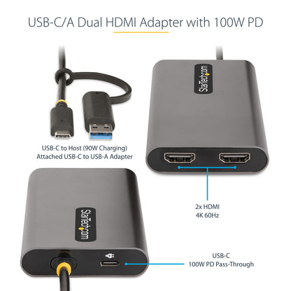 StarTech.com USB-C to Dual-HDMI Adapter - USB-C or A to 2x HDMI - 4K 60Hz - 100W Hub