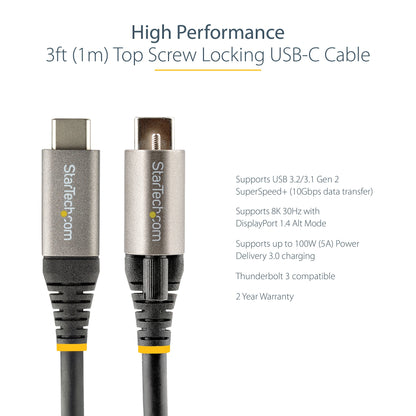 StarTech.com 3ft (1m) USB-C Cable, Top Screw Locking, USB 10Gbps, 100W (5A) Power