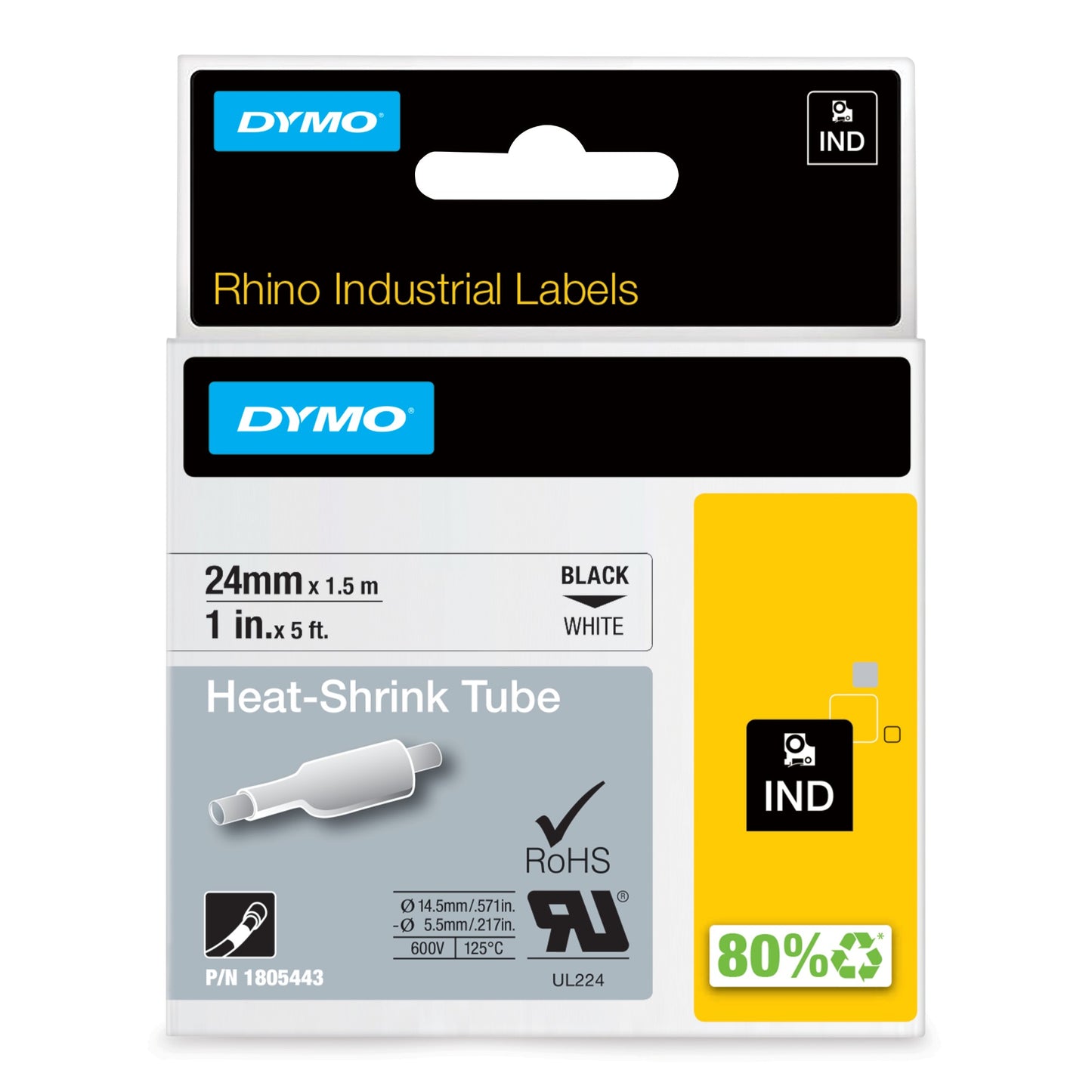 DYMO 1805443/S0718340 Heat Shrink Tubes black on white 24mm x 1,5m for Dymo Rhino Labels